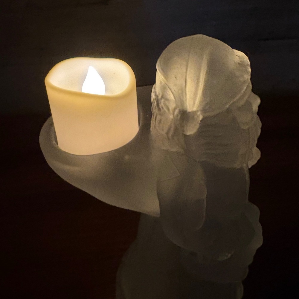 Vintage Frosted Satin Clear Glass Santa Claus Tea Light Candle Holder 7"